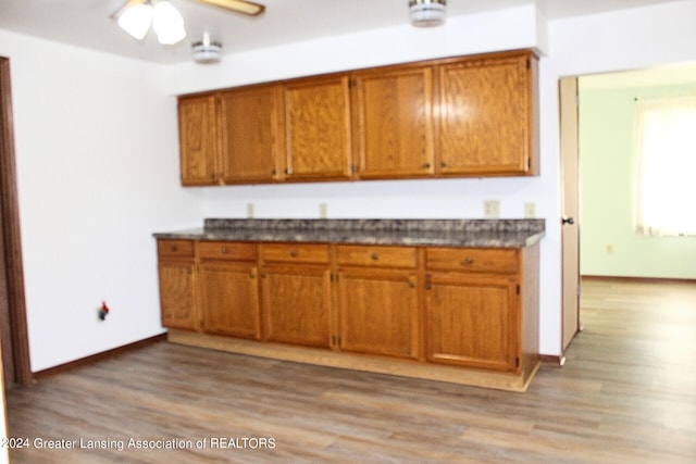 kitchen with ceiling fan and light hardwood / wood-style floors