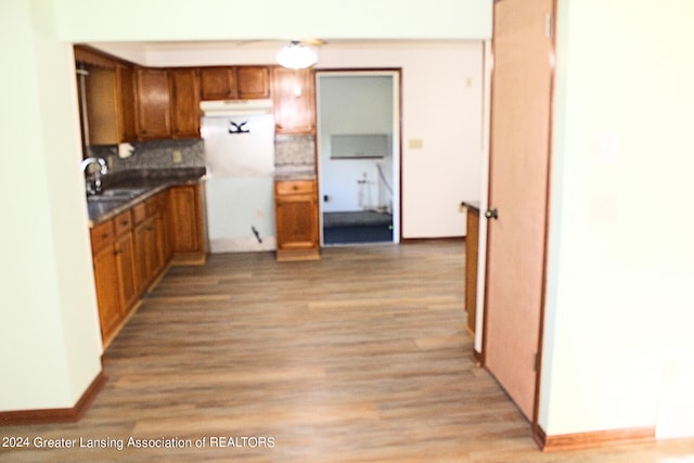 kitchen featuring sink, light hardwood / wood-style floors, and tasteful backsplash