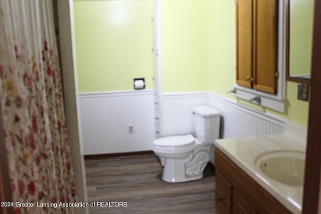 bathroom featuring hardwood / wood-style flooring, toilet, and vanity