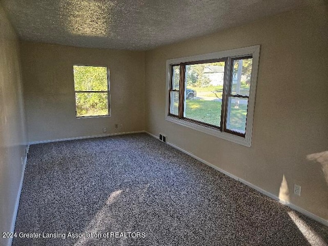 carpeted spare room with a textured ceiling