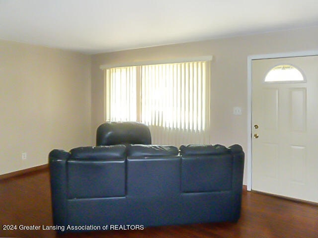 living room featuring dark wood-type flooring