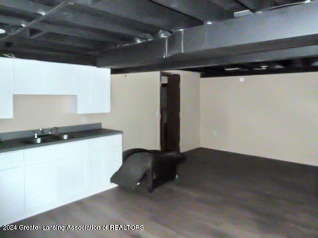 basement featuring sink and dark wood-type flooring