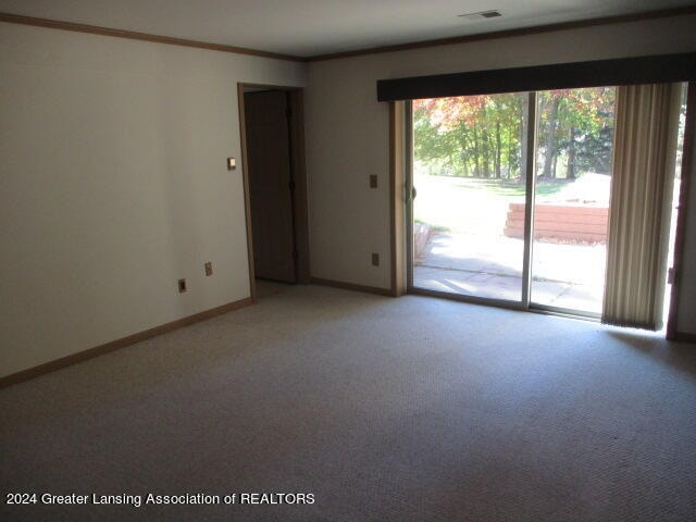 carpeted spare room with ornamental molding