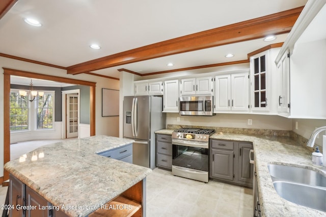 kitchen featuring stainless steel appliances, white cabinets, a kitchen island, and sink