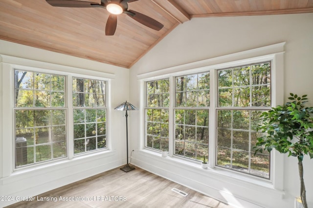 unfurnished sunroom with ceiling fan, vaulted ceiling with beams, and wooden ceiling