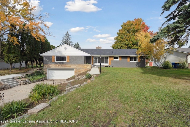 single story home with a garage and a front lawn