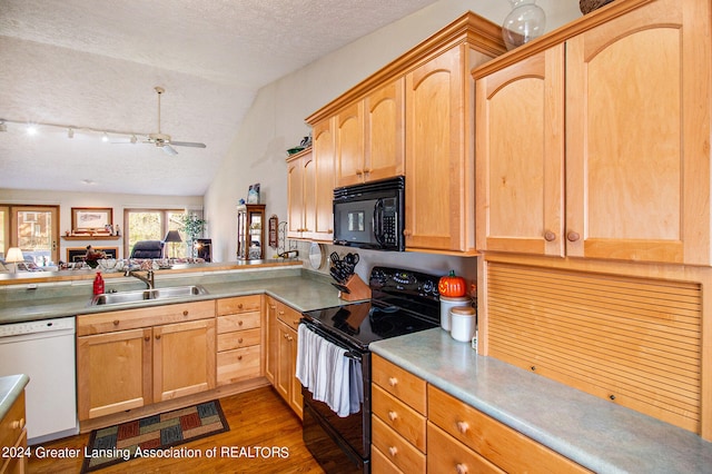 kitchen with black appliances, sink, a textured ceiling, dark hardwood / wood-style flooring, and vaulted ceiling