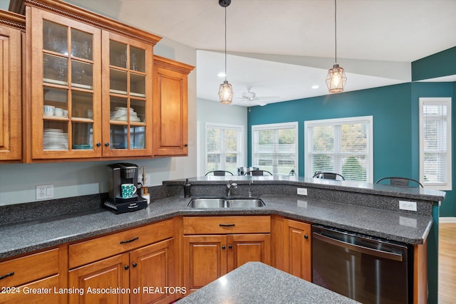 kitchen with dishwasher, hardwood / wood-style flooring, sink, and a wealth of natural light