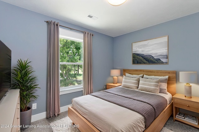 bedroom with light colored carpet