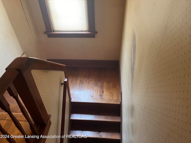 staircase with hardwood / wood-style floors