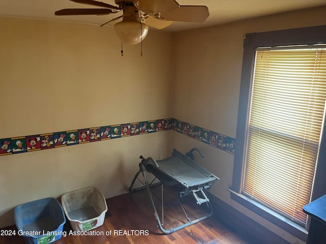 office with ceiling fan and hardwood / wood-style flooring