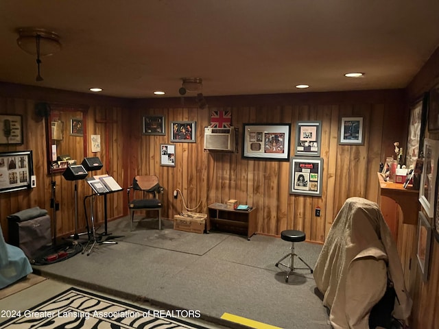 playroom featuring wood walls and carpet