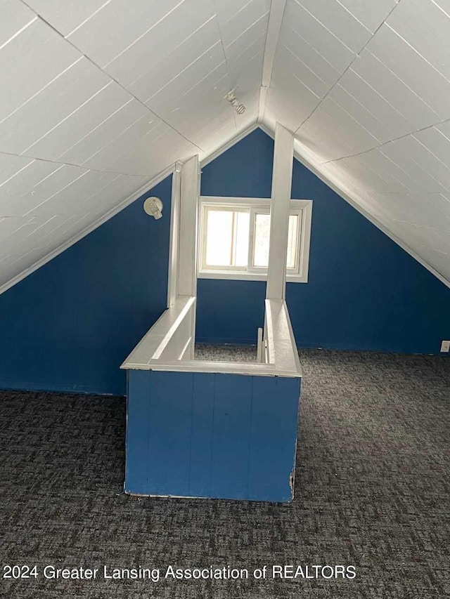 additional living space with lofted ceiling and dark colored carpet