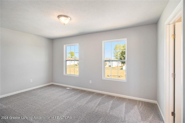 carpeted spare room with a textured ceiling