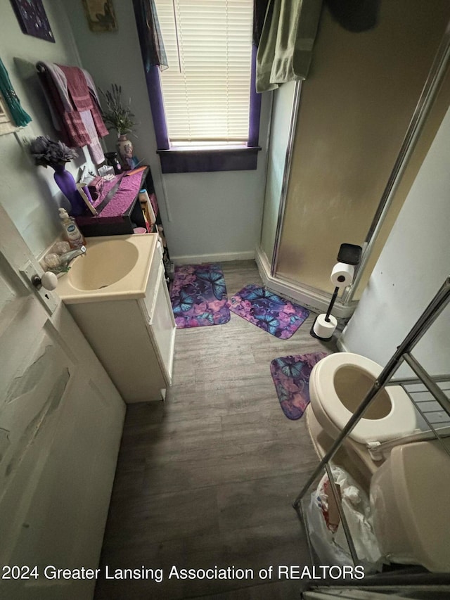 bathroom with vanity, hardwood / wood-style flooring, toilet, and a shower with door