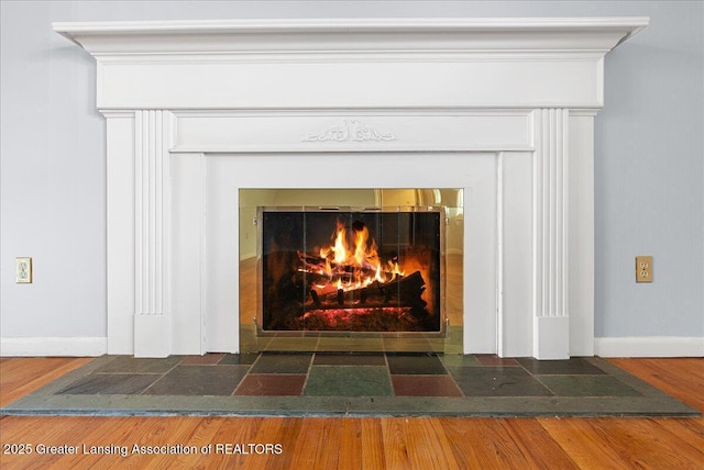 room details featuring a fireplace, baseboards, and wood finished floors