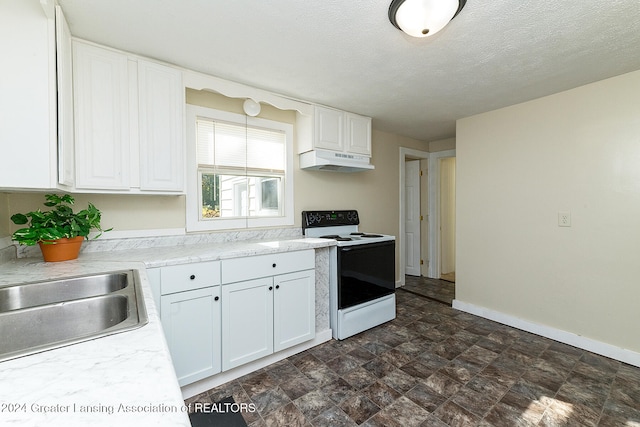 kitchen with sink, white electric range, a textured ceiling, and white cabinets