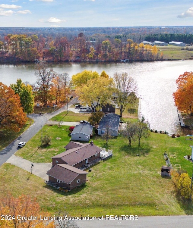 drone / aerial view featuring a water view