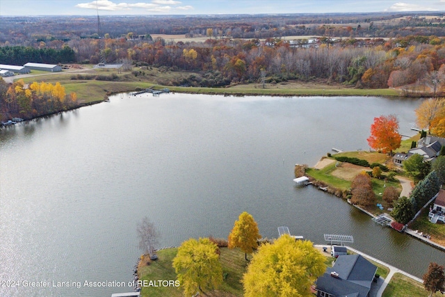 birds eye view of property with a water view