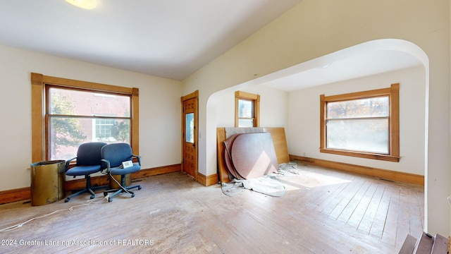 office with light hardwood / wood-style flooring and plenty of natural light