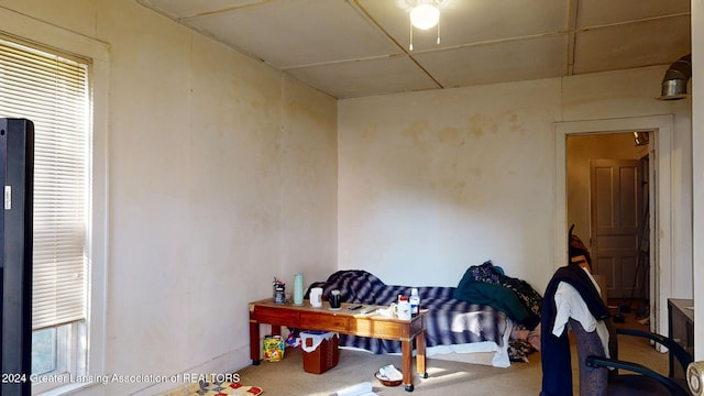 carpeted home office featuring a drop ceiling