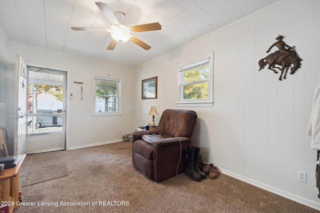 sitting room with ceiling fan, a healthy amount of sunlight, carpet flooring, and crown molding