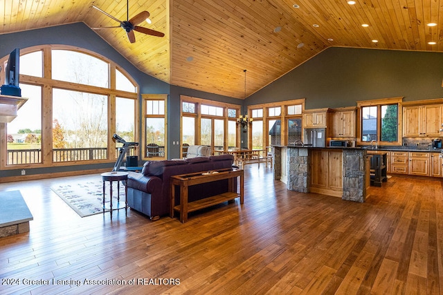 living room with dark hardwood / wood-style floors, high vaulted ceiling, and wooden ceiling