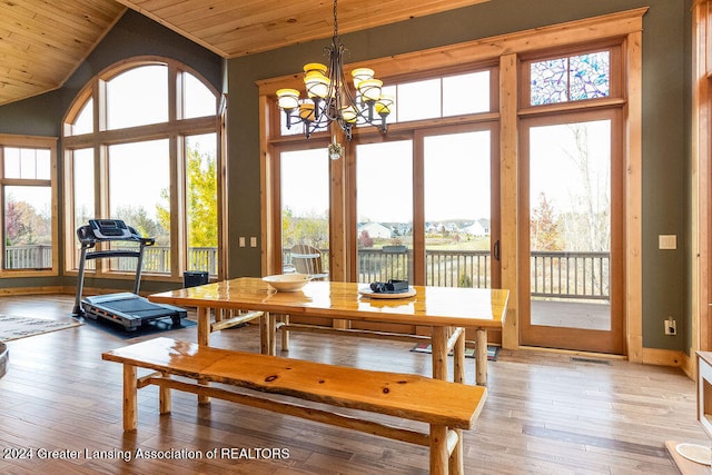 dining room featuring an inviting chandelier, wood ceiling, a water view, and light wood-type flooring