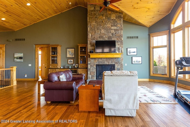 living room with dark hardwood / wood-style flooring, a fireplace, high vaulted ceiling, and wooden ceiling