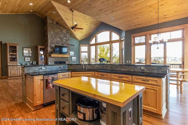 kitchen featuring wood ceiling, wood counters, hardwood / wood-style flooring, and a center island