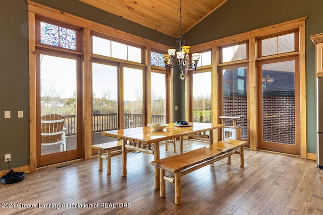 dining room featuring a wealth of natural light, a notable chandelier, light hardwood / wood-style flooring, and wood ceiling