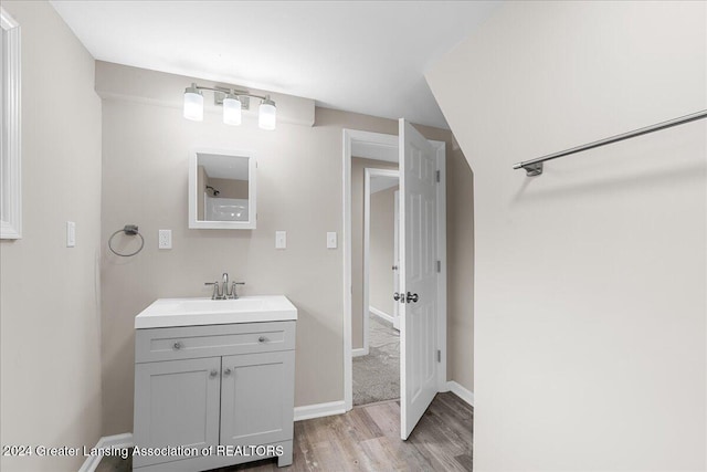 bathroom with vanity and hardwood / wood-style flooring