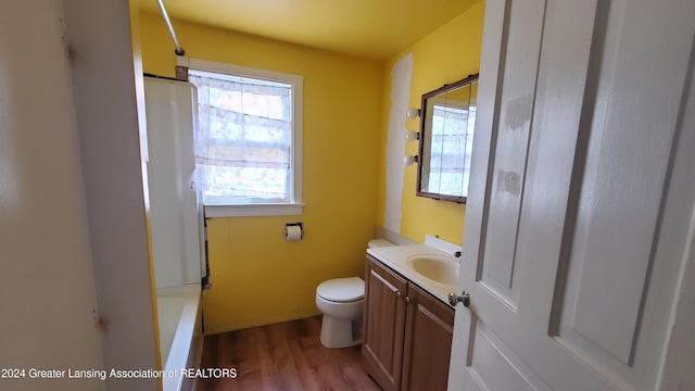 bathroom featuring hardwood / wood-style flooring, vanity, and toilet