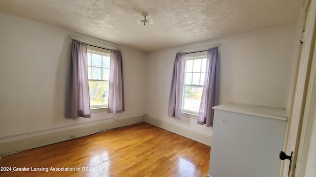 empty room with a wealth of natural light, a textured ceiling, and light wood-type flooring