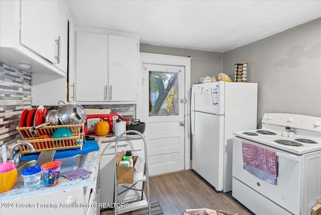 kitchen with light wood-type flooring, white appliances, decorative backsplash, and white cabinets