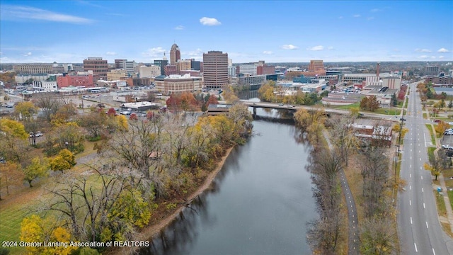 drone / aerial view with a water view