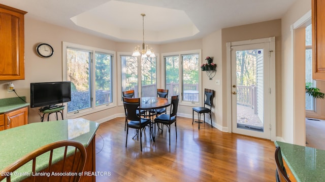 dining room featuring a raised ceiling, dark wood-type flooring, and an inviting chandelier