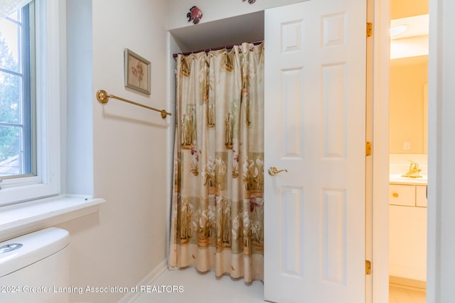 4710 Wellington Dr, Okemos, MI 48864 - full bathroom featuring toilet, vanity, and a shower with shower curtain