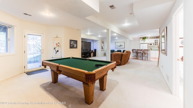 playroom featuring light colored carpet and pool table