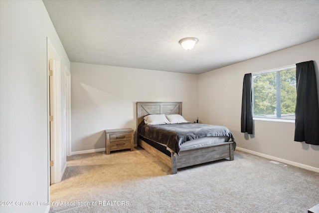 bedroom with light carpet and a textured ceiling