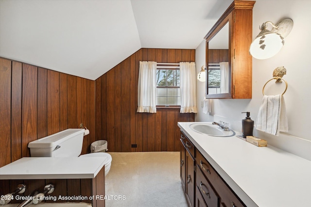 bathroom with toilet, wood walls, vanity, and vaulted ceiling