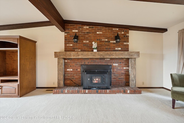 unfurnished living room featuring light carpet and vaulted ceiling with beams