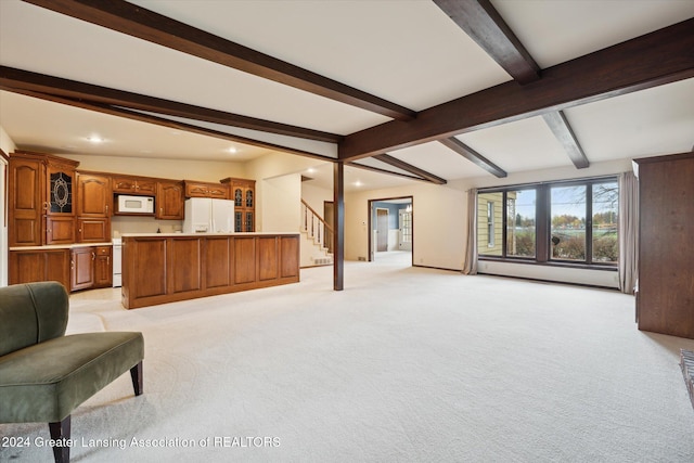 living room with light carpet, vaulted ceiling with beams, and a baseboard heating unit