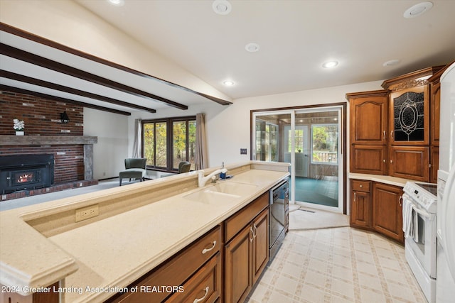 kitchen with lofted ceiling with beams, a fireplace, white range with electric cooktop, black dishwasher, and sink