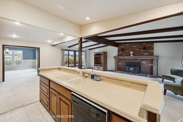 kitchen with light carpet, a wealth of natural light, black dishwasher, and vaulted ceiling with beams