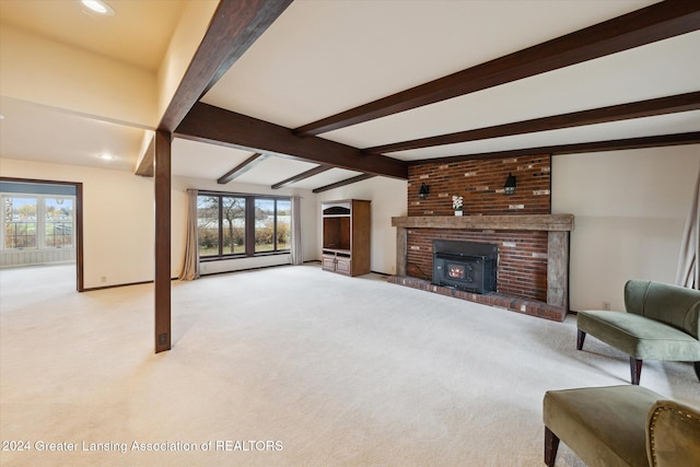 living room with light carpet, vaulted ceiling with beams, and a baseboard heating unit