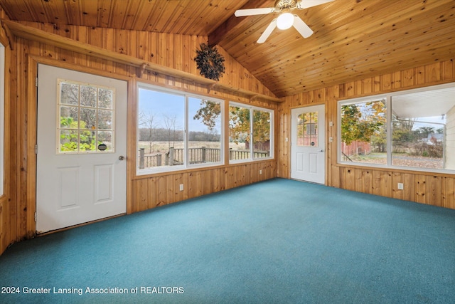 unfurnished sunroom with wooden ceiling, ceiling fan, and lofted ceiling with beams