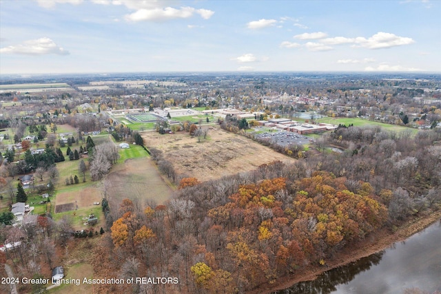 drone / aerial view with a water view