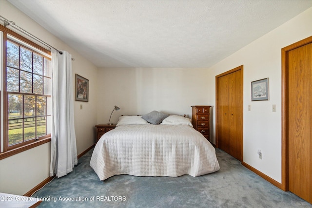 carpeted bedroom with a closet and a textured ceiling