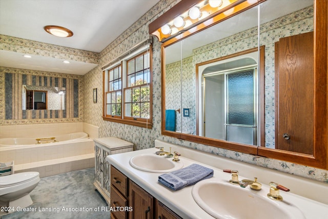 full bathroom featuring tile patterned flooring, shower with separate bathtub, vanity, and toilet